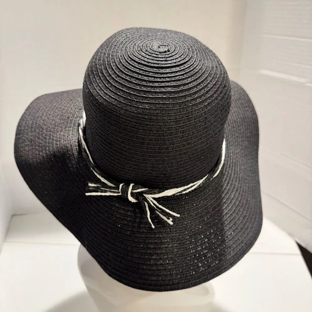 Lucky 7 Floppy Wide Brim Black Straw Hat One Size
